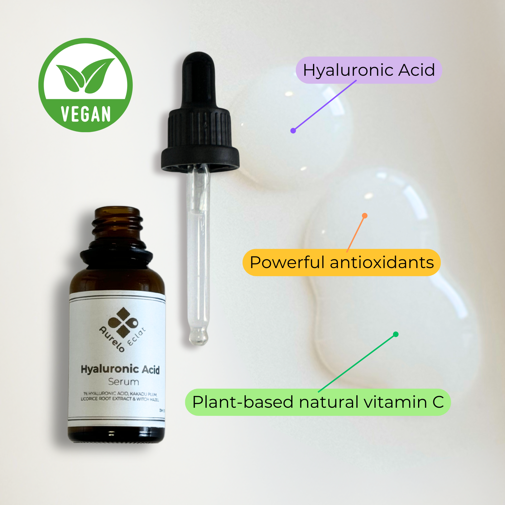 What's in Aurelo Eclat Vegan Hyaluronic Acid Serum - Hyaluronic Acid, Powerful antioxidents, Plant-based vVitamin C