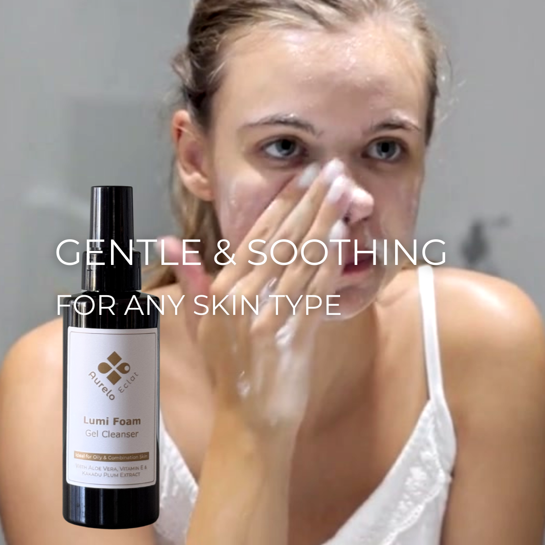 Gentle & Soothing, Suitable for any skin type: Young woman gently washing her face with Lumi Foam Gel Cleanser, showing soft and refreshing foam. Product bottle displayed on the left.