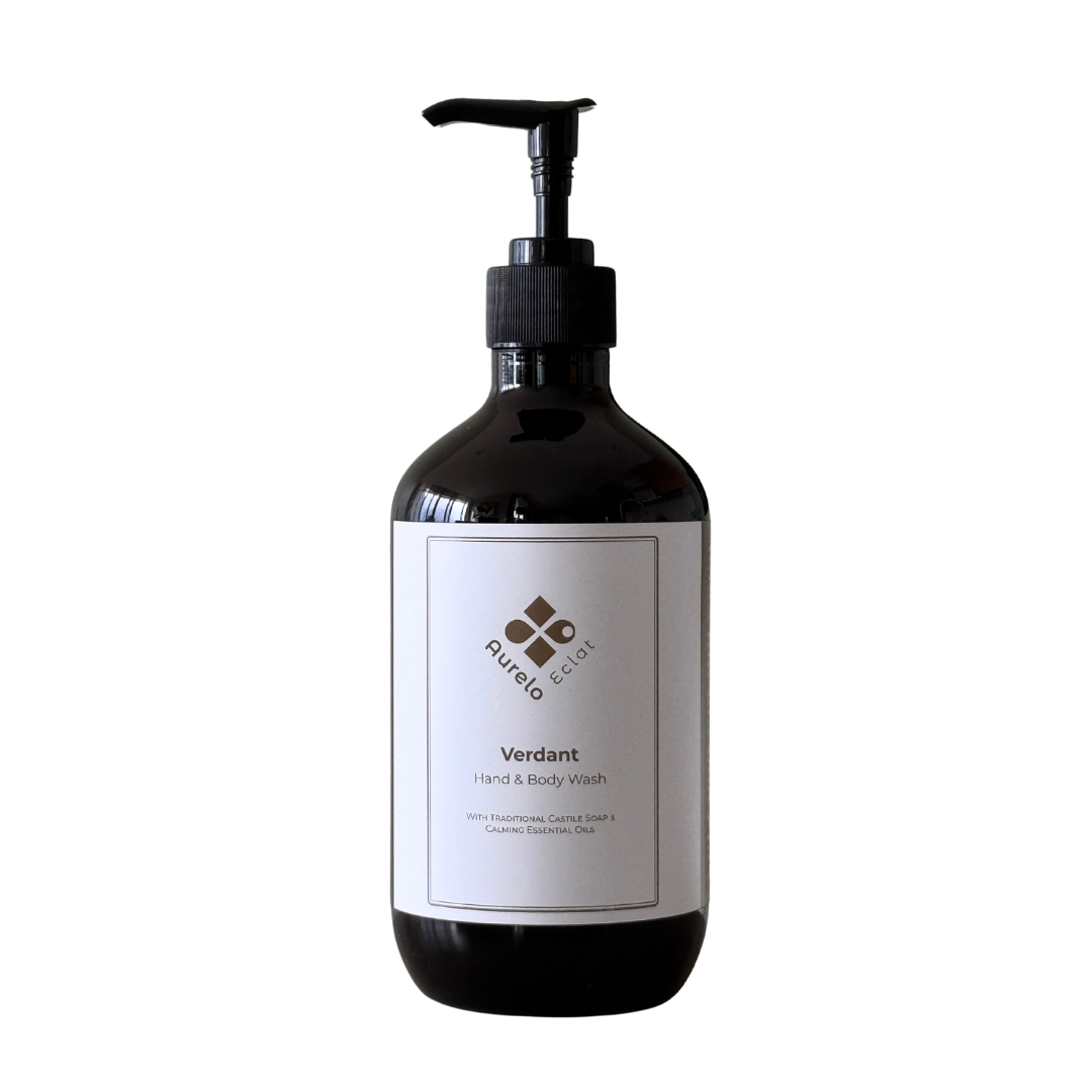 A black pump bottle labeled 'Verdant Hand & Body Wash' by Aurelo.
